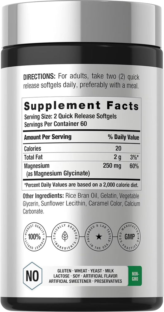 Magnesium Glycinate | 250Mg | 120 Softgels | Non-Gmo and Gluten Free Supplement | by