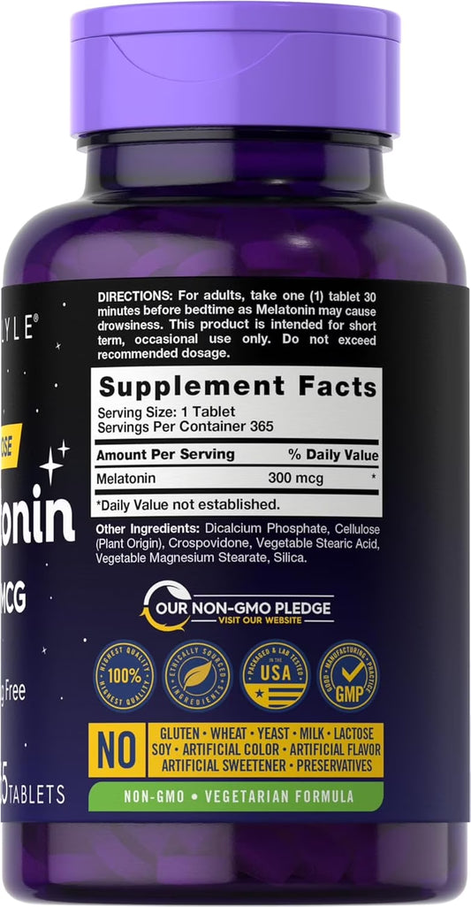 Melatonin 300Mcg | 365 Vegetarian Tablets for Men and Women | by