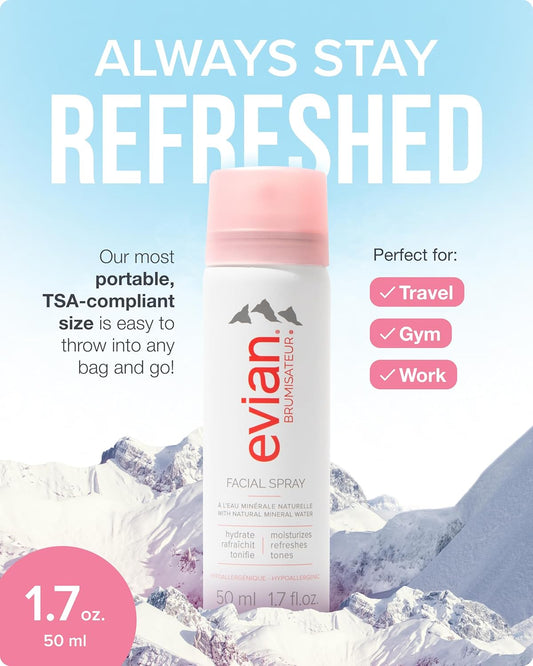 Evian Facial Spray 1.7 Oz - Hydrating Mineral Water Mist for Face & Skin