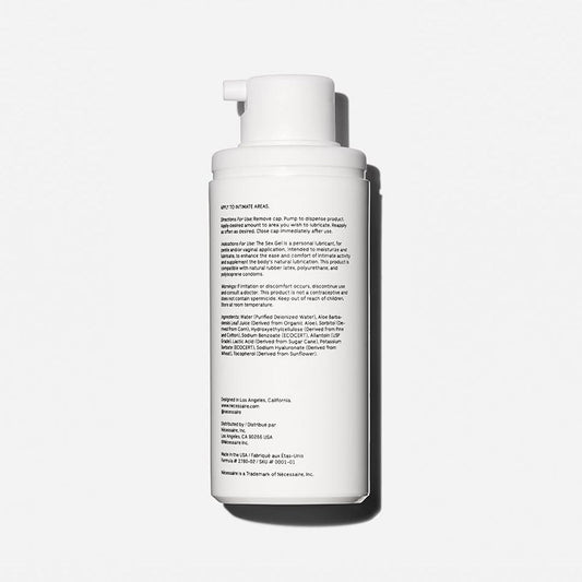 the Sex Gel. Water-Based Personal Lubricant. Hyaluronic Acid + Lactic Acid. No Fragrance Added. Non-Staining. Safe for Toys + Condoms. 50 Ml / 1.7 Fl Oz.
