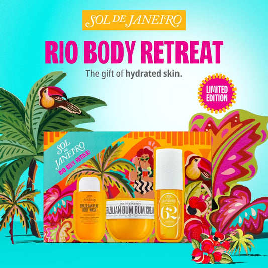 Sol De Janeiro Gift Set - Rio Body Retreat | Brazilian Bum Bum Cream 5 Fl Oz., Brazilian Play Body Wash 3 Fl Oz., Cheirosa 62 Perfume Mist 3 Fl Oz.