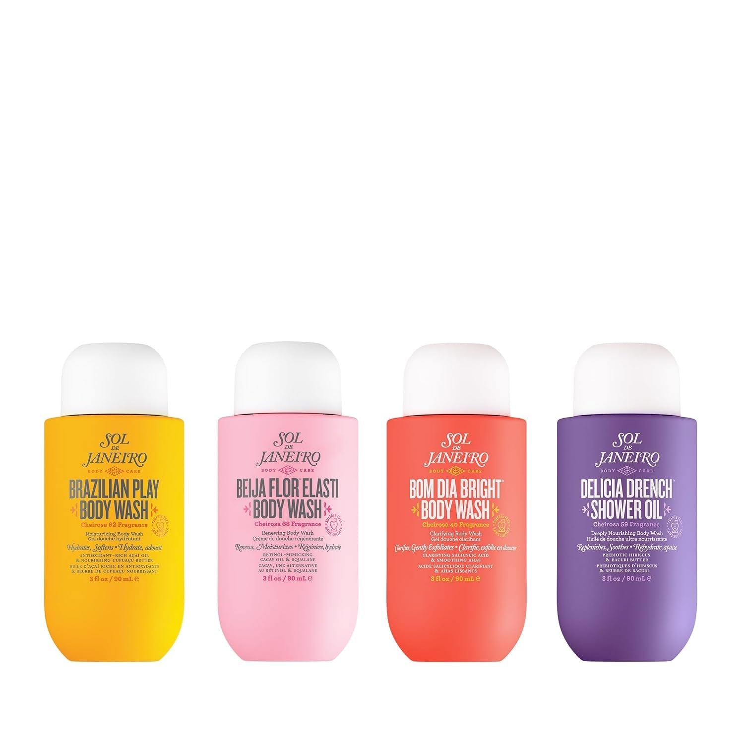 Sol De Janeiro Scent Your Shower Travel Size Quad - Benefit Packed Body Wash Discovery Set - Brazilian Play, Beija Flor, Bom Dia, Delicia Drench - 3 Fl Oz.