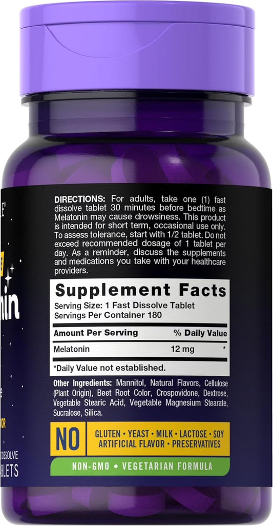 Melatonin 12 Mg 180 Tablets | Berry Flavor | Vegetarian Supplement for Men and Women | by