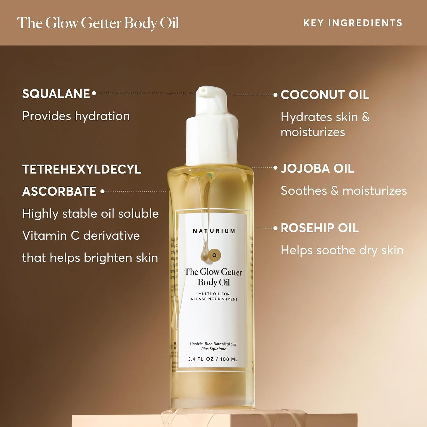 the Glow Getter Body Oil, Multi-Oil for Intense Nourishment, Hydrating & Moisturizing Formula, Vegan & Cruelty-Free, 3.4 Oz