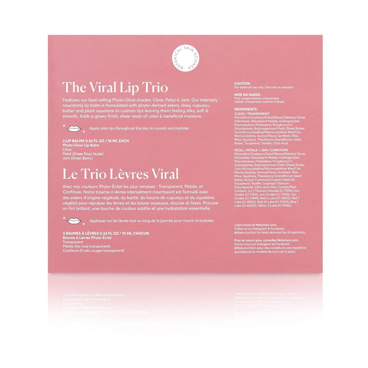 the Viral Lip Trio - Phyto-Glow Lip Balm with Shea Butter & Squalane, Sheer Tinted Colour, Clear, Petal, Jam, 3 X 10 Ml