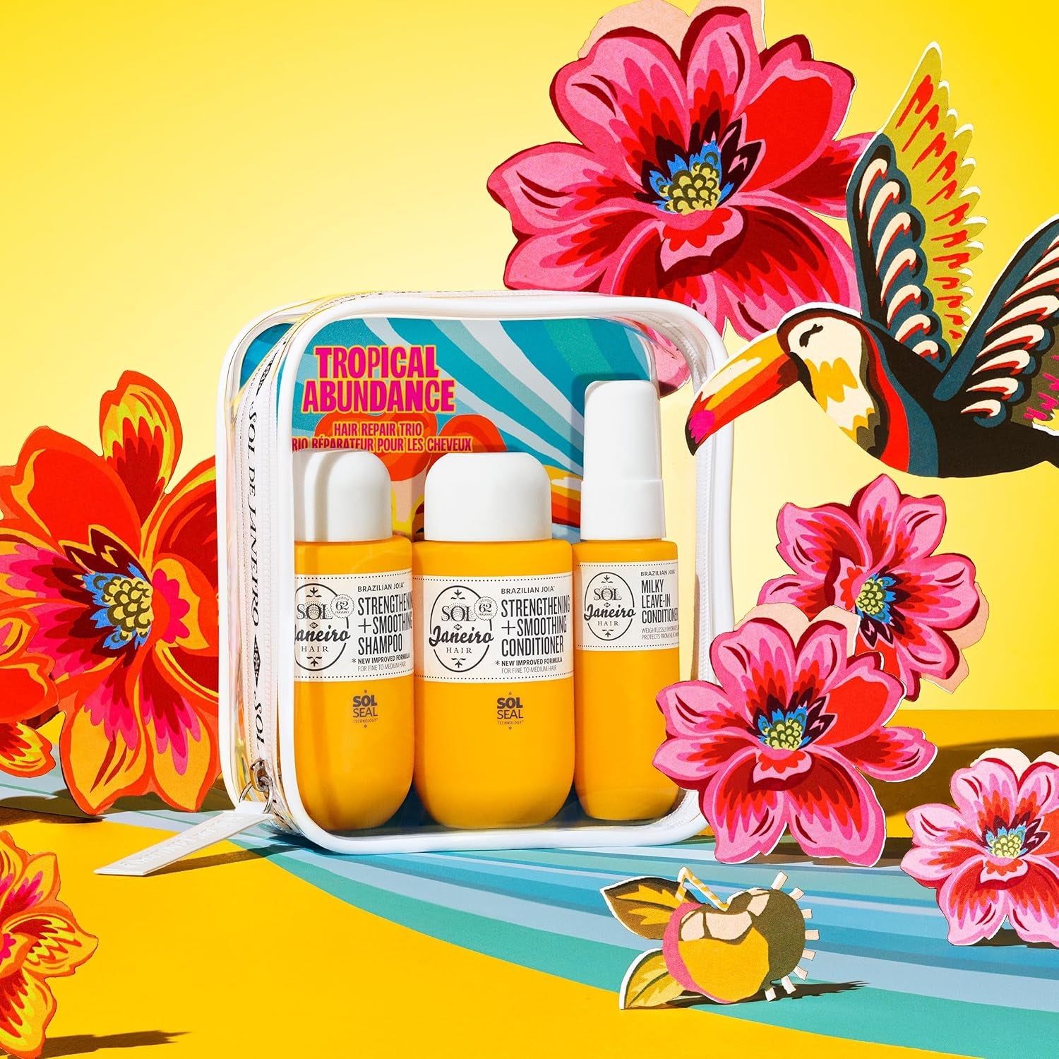 Sol De Janeiro Tropical Abundance Hair Repair Trio Travel Set | Jet Set | Sulfate Free Brazilian Joia Shampoo and Conditioner | Leave in Conditioner Spray | TSA Friendly | Amazon Exclusive