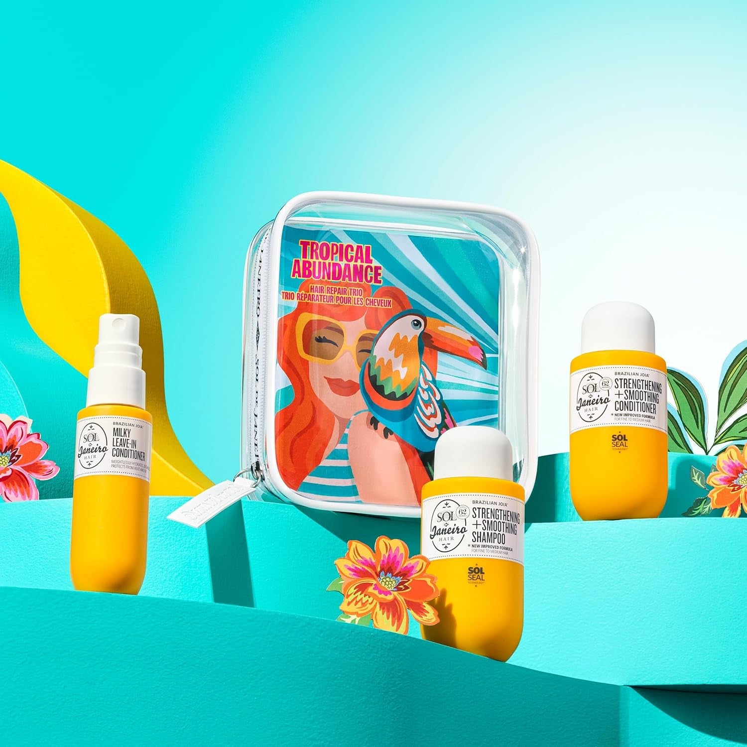 Sol De Janeiro Tropical Abundance Hair Repair Trio Travel Set | Jet Set | Sulfate Free Brazilian Joia Shampoo and Conditioner | Leave in Conditioner Spray | TSA Friendly | Amazon Exclusive