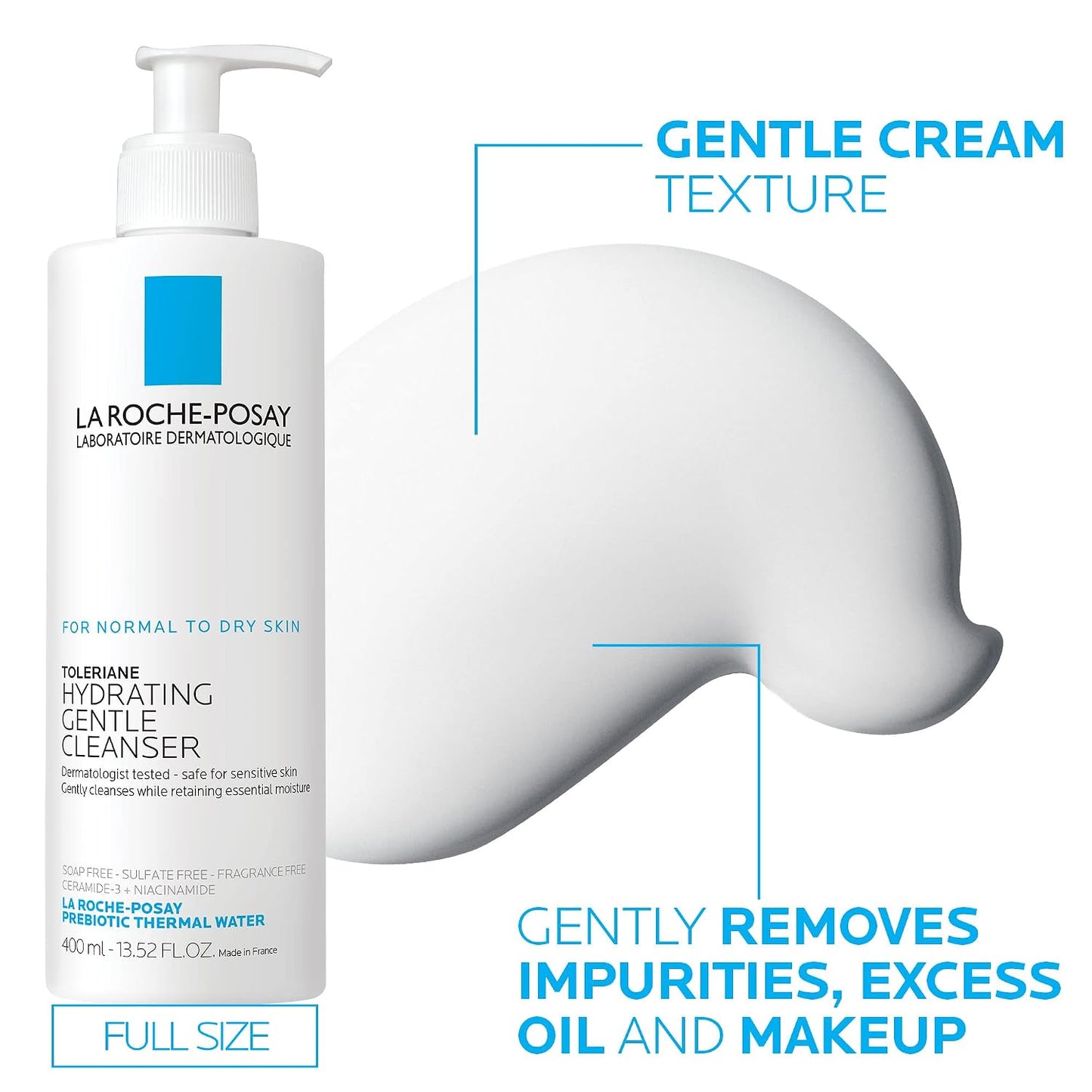 La Roche-Posay Toleriane Hydrating Gentle Face Cleanser, Hydrating Facial Cleanser with Niacinamide + Ceramides, Daily Face Wash for Dry Skin to Normal Skin, Sensitive Skin Tested, Fragrance Free