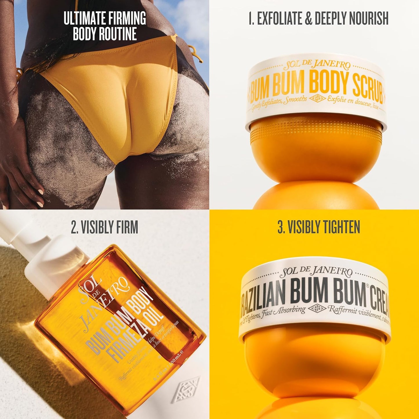 SOL DE JANEIRO Brazilian Bum Bum Cream, Bum Bum Firmeza Body Oil, and Bum Bum Body Scrub Bundle - Ultimate Firming Ritual, Amazon Exclusive