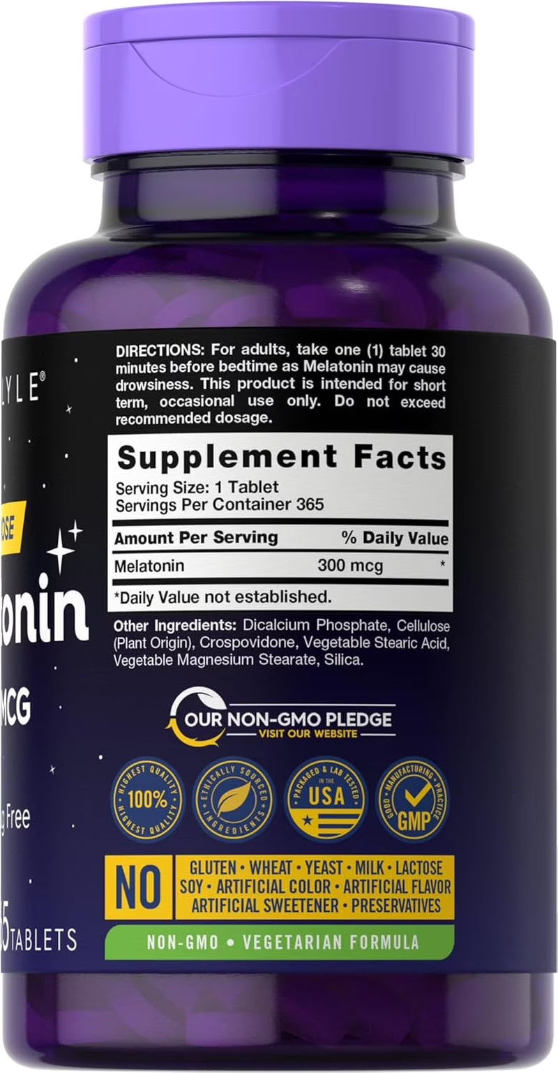 Melatonin 300Mcg | 365 Vegetarian Tablets for Men and Women | by