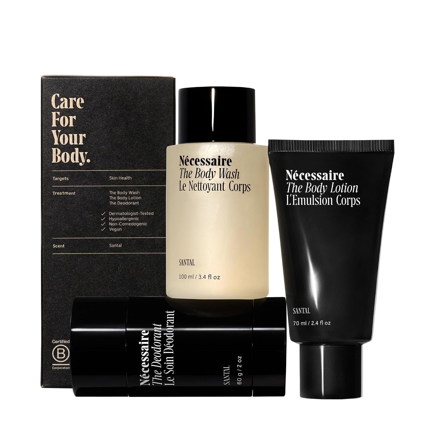Body Essentials - Skin Care Gift Set for Women + Men - Travel-Size Body Wash, Body Lotion + Deodorant | Dermatologist-Tested. Hypoallergenic | Vegan | Aluminum-Free Deodorant (Santal)