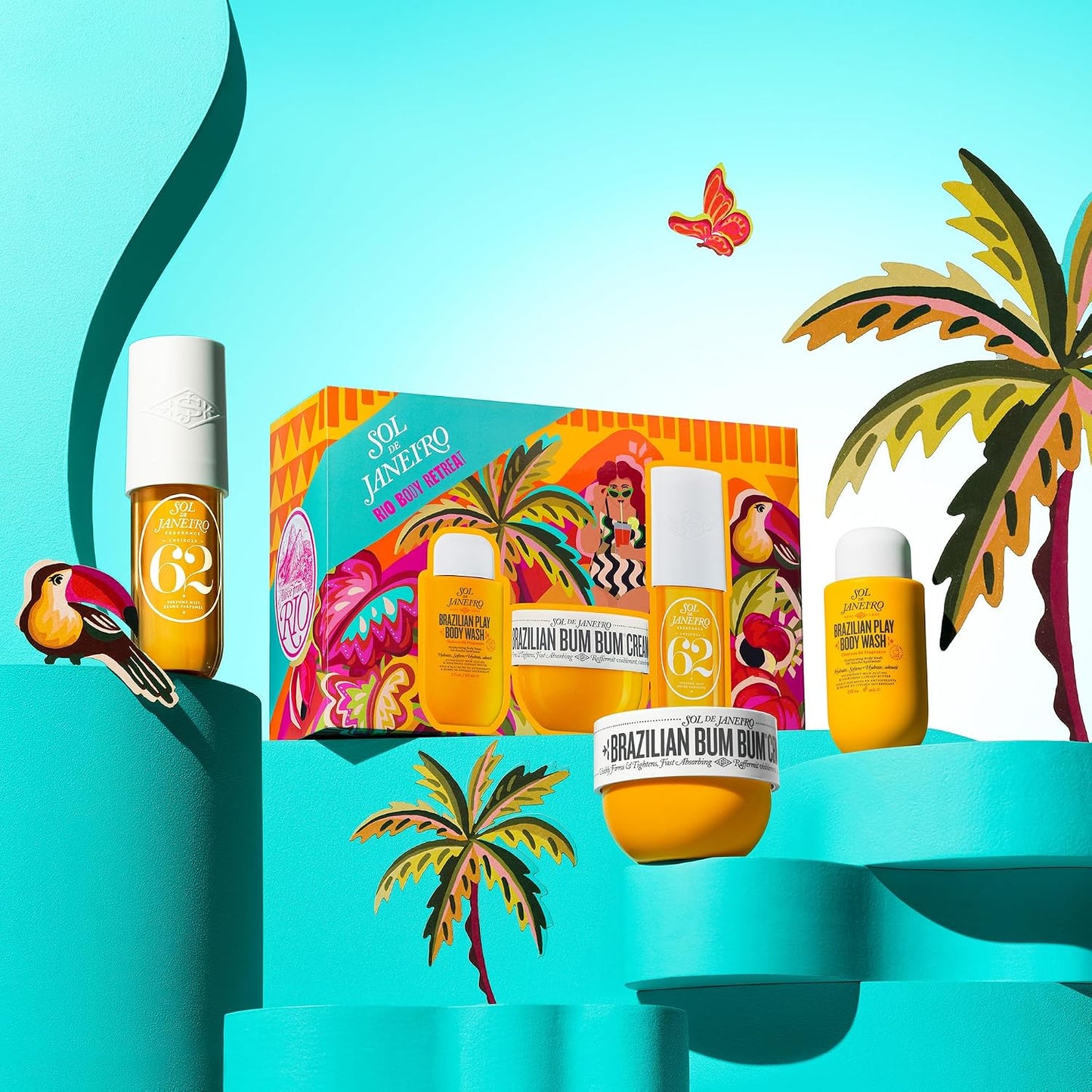 Sol De Janeiro Gift Set - Rio Body Retreat | Brazilian Bum Bum Cream 5 Fl Oz., Brazilian Play Body Wash 3 Fl Oz., Cheirosa 62 Perfume Mist 3 Fl Oz.
