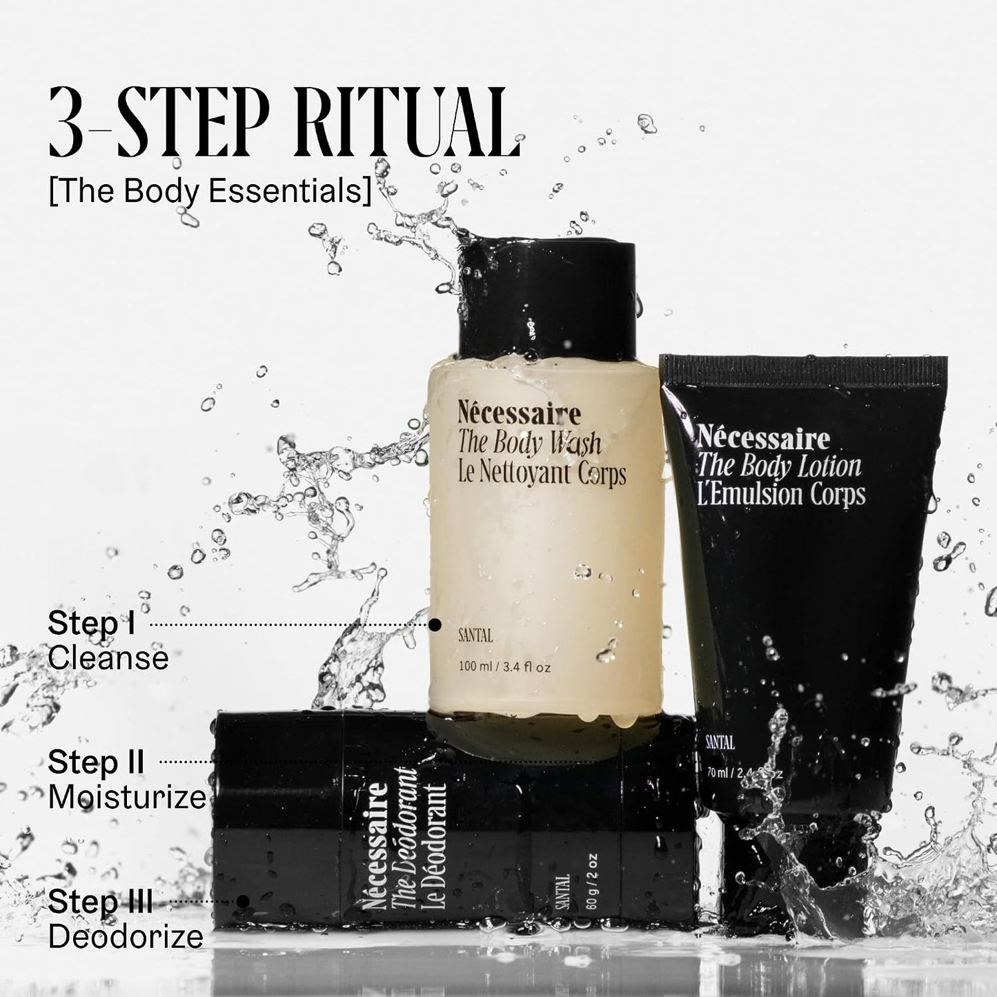 Body Essentials - Skin Care Gift Set for Women + Men - Travel-Size Body Wash, Body Lotion + Deodorant | Dermatologist-Tested. Hypoallergenic | Vegan | Aluminum-Free Deodorant (Santal)