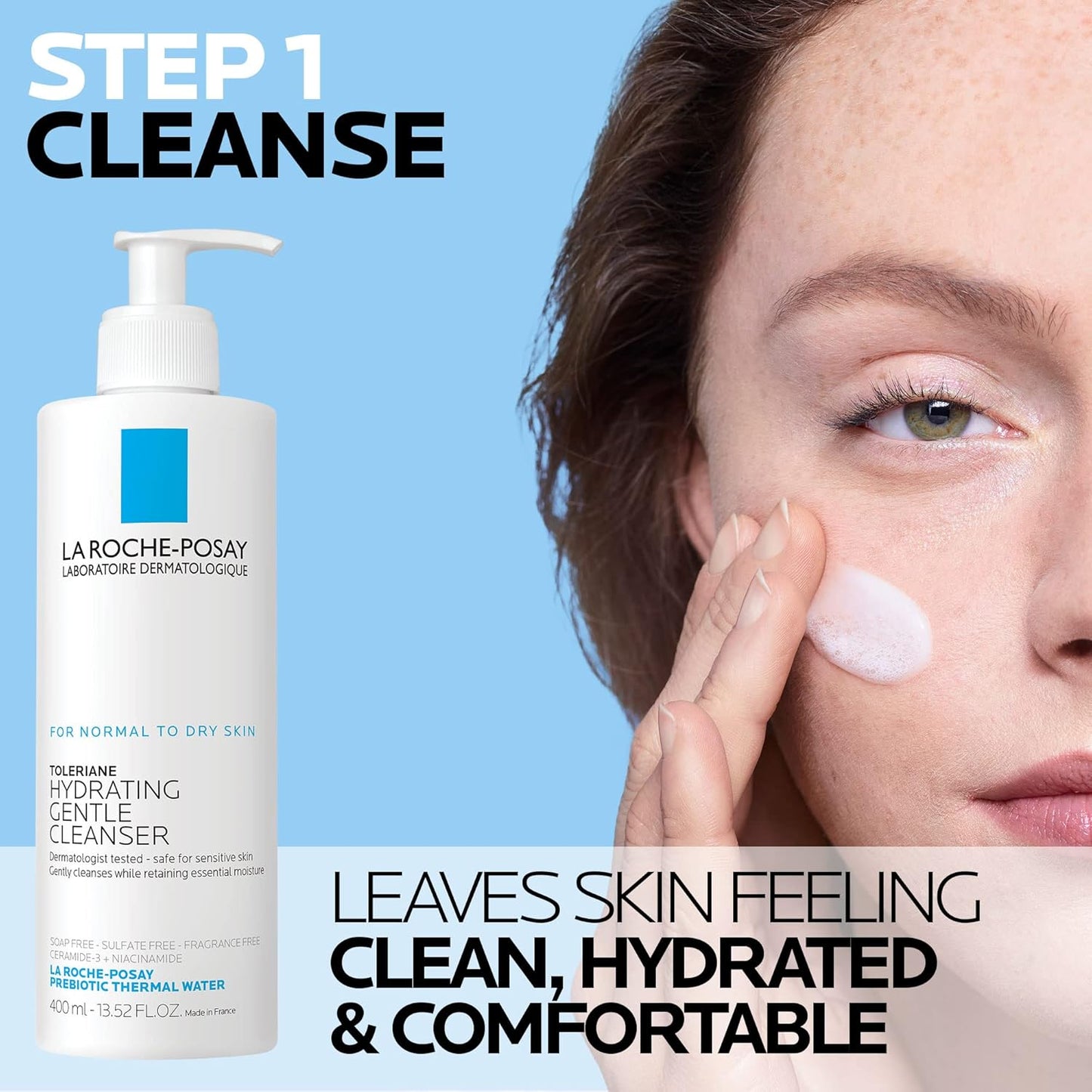 La Roche-Posay Toleriane Hydrating Gentle Face Cleanser, Hydrating Facial Cleanser with Niacinamide + Ceramides, Daily Face Wash for Dry Skin to Normal Skin, Sensitive Skin Tested, Fragrance Free